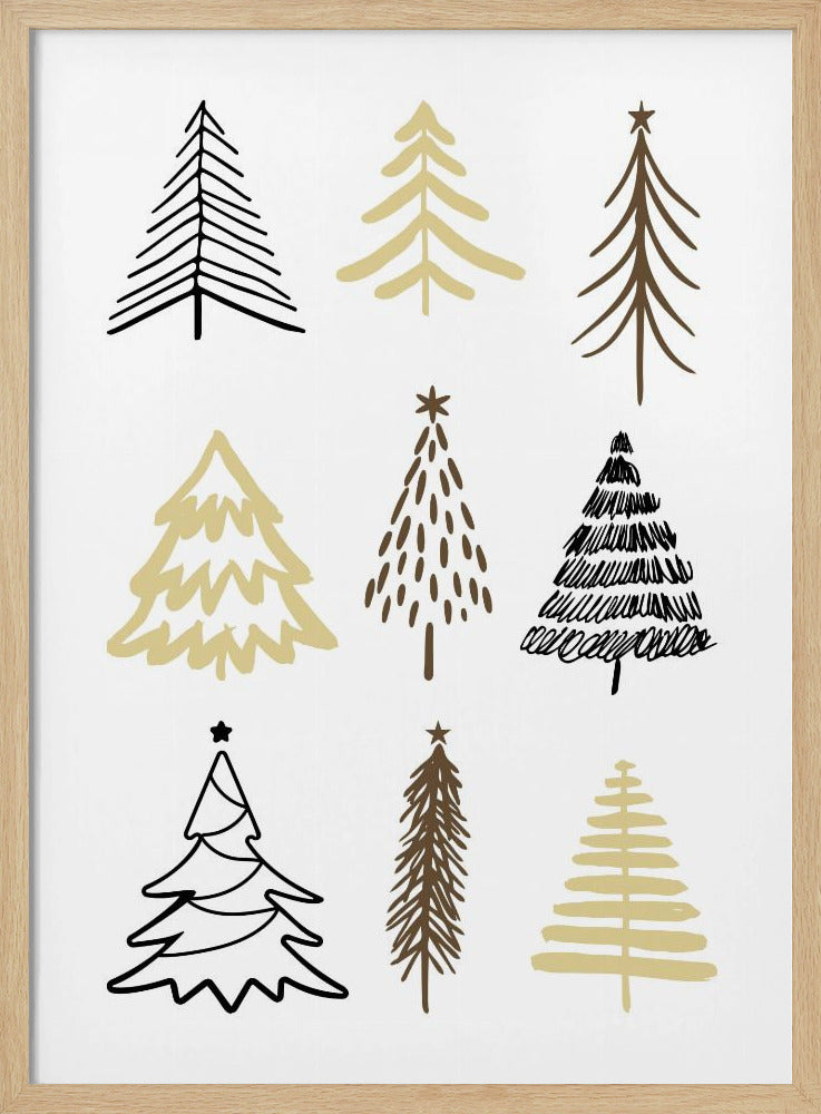 A minimalist art print featuring a grid of nine hand-drawn Christmas trees against a white background. The trees are depicted in various simple, stylized forms using black, gold, and brown colors. The entire piece is shown within a thin black frame. Artwork