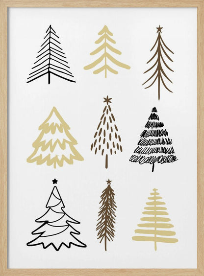 A minimalist art print featuring a grid of nine hand-drawn Christmas trees against a white background. The trees are depicted in various simple, stylized forms using black, gold, and brown colors. The entire piece is shown within a thin black frame. Artwork