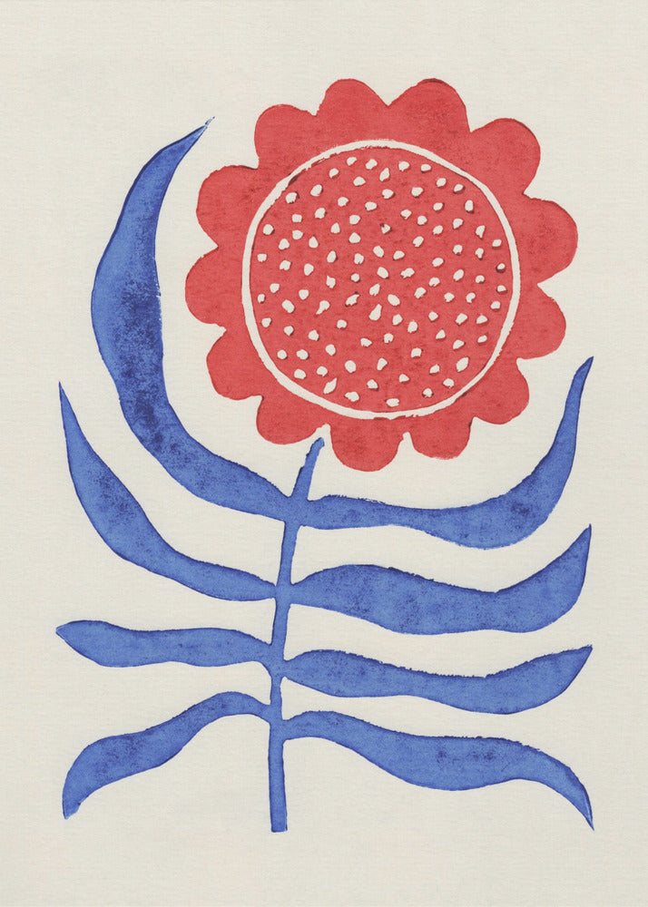 A stylized folk art painting of a flower featuring a large, round red bloom with white polka dots and bold blue leaves on a single stem. The illustration is set against a cream-colored background and enclosed in a thin black frame. Wall Art