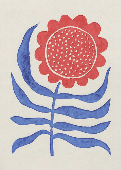 A stylized folk art painting of a flower featuring a large, round red bloom with white polka dots and bold blue leaves on a single stem. The illustration is set against a cream-colored background and enclosed in a thin black frame. Wall Art