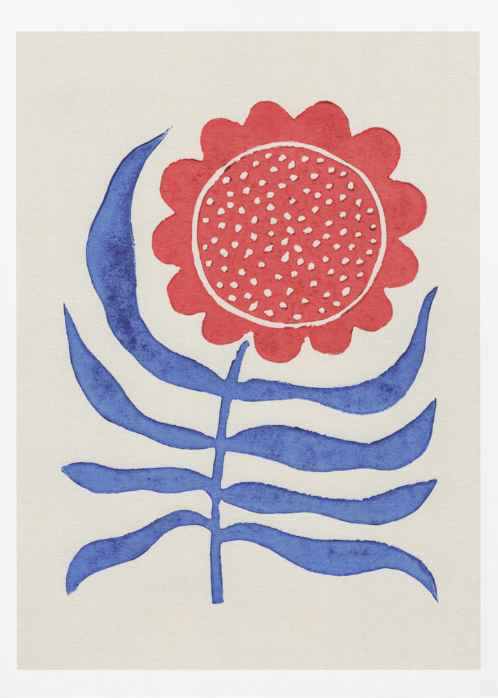 A stylized folk art painting of a flower featuring a large, round red bloom with white polka dots and bold blue leaves on a single stem. The illustration is set against a cream-colored background and enclosed in a thin black frame. Wall Art