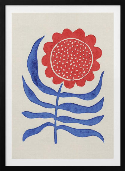 A stylized folk art painting of a flower featuring a large, round red bloom with white polka dots and bold blue leaves on a single stem. The illustration is set against a cream-colored background and enclosed in a thin black frame. Wall Art