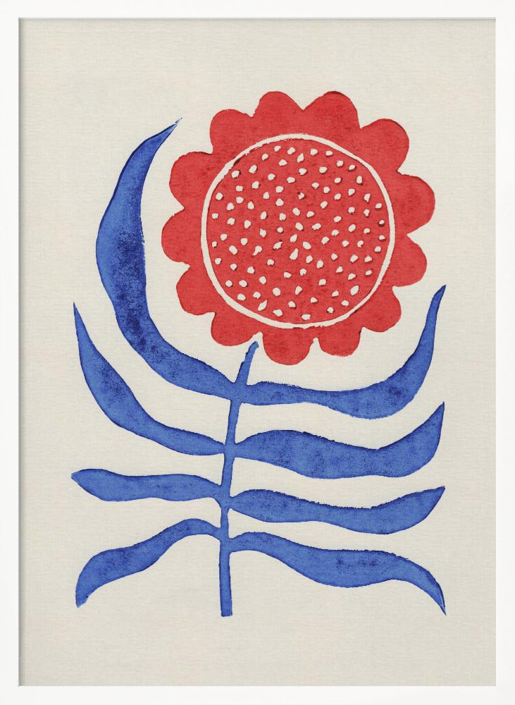 A stylized folk art painting of a flower featuring a large, round red bloom with white polka dots and bold blue leaves on a single stem. The illustration is set against a cream-colored background and enclosed in a thin black frame. Wall Art