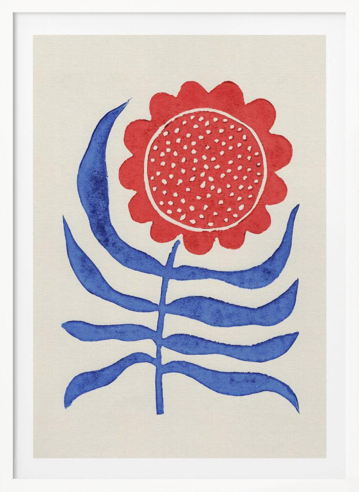 A stylized folk art painting of a flower featuring a large, round red bloom with white polka dots and bold blue leaves on a single stem. The illustration is set against a cream-colored background and enclosed in a thin black frame. Wall Art