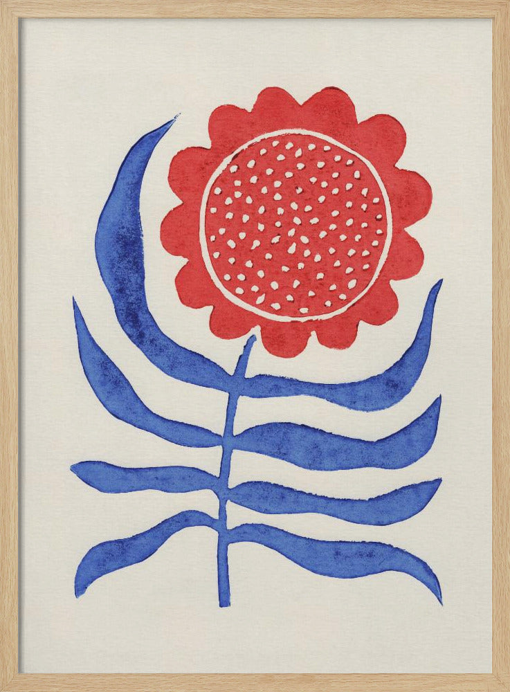 A stylized folk art painting of a flower featuring a large, round red bloom with white polka dots and bold blue leaves on a single stem. The illustration is set against a cream-colored background and enclosed in a thin black frame. Wall Art