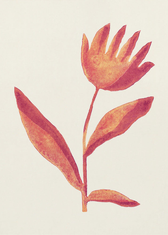 A framed art print featuring a stylized watercolor flower. The blossom, in shades of orange and red, resembles an open hand. It sits atop a simple stem with leaves against a cream background. Poster