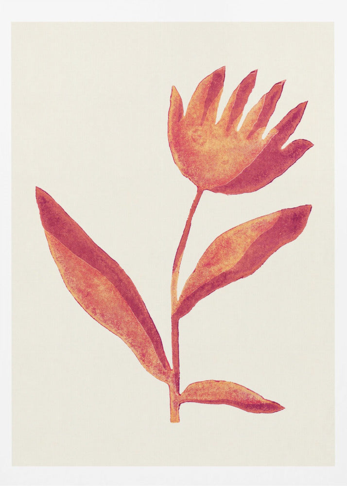 A framed art print featuring a stylized watercolor flower. The blossom, in shades of orange and red, resembles an open hand. It sits atop a simple stem with leaves against a cream background. Poster
