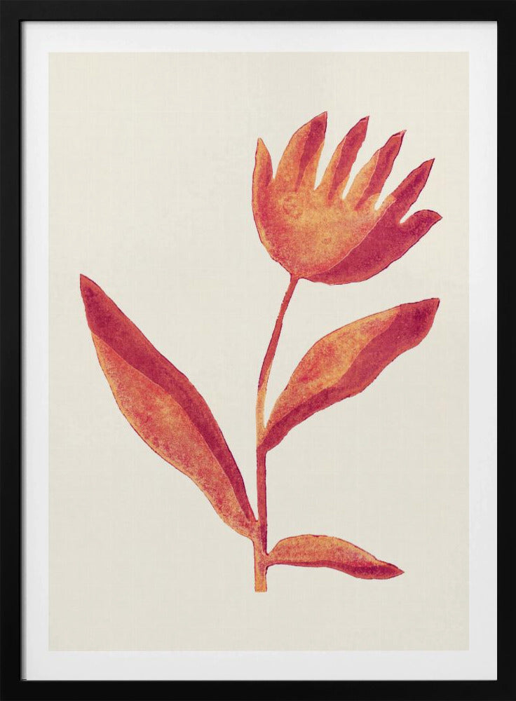 A framed art print featuring a stylized watercolor flower. The blossom, in shades of orange and red, resembles an open hand. It sits atop a simple stem with leaves against a cream background. Poster