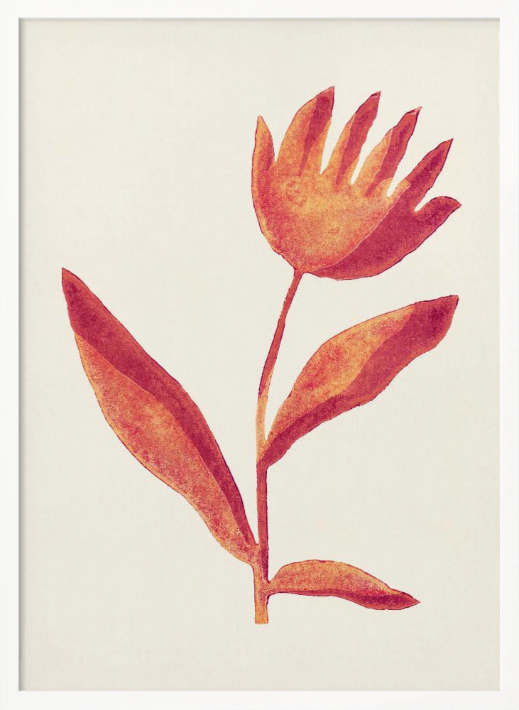 A framed art print featuring a stylized watercolor flower. The blossom, in shades of orange and red, resembles an open hand. It sits atop a simple stem with leaves against a cream background. Poster