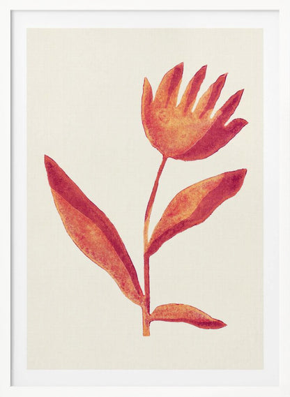 A framed art print featuring a stylized watercolor flower. The blossom, in shades of orange and red, resembles an open hand. It sits atop a simple stem with leaves against a cream background. Poster