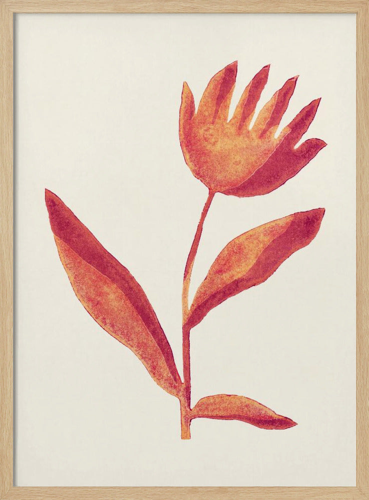 A framed art print featuring a stylized watercolor flower. The blossom, in shades of orange and red, resembles an open hand. It sits atop a simple stem with leaves against a cream background. Poster