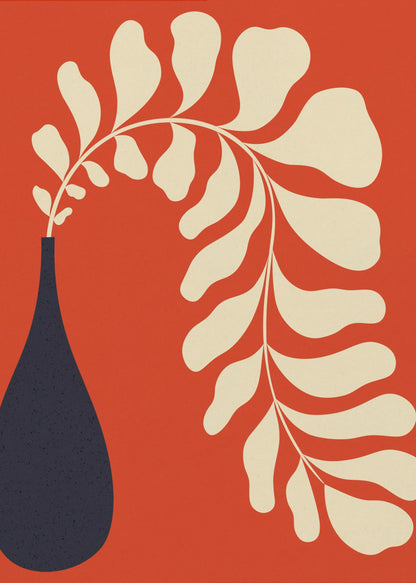 A minimalist graphic art print featuring a stylized cream-colored plant stem with large, rounded leaves, arching elegantly out of a dark navy blue teardrop-shaped vase, all set against a vibrant burnt orange background. Decor
