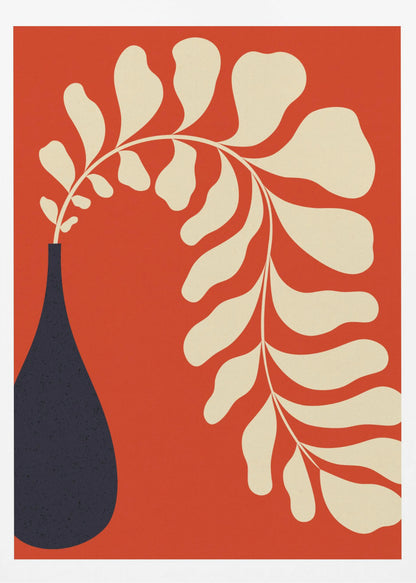 A minimalist graphic art print featuring a stylized cream-colored plant stem with large, rounded leaves, arching elegantly out of a dark navy blue teardrop-shaped vase, all set against a vibrant burnt orange background. Decor
