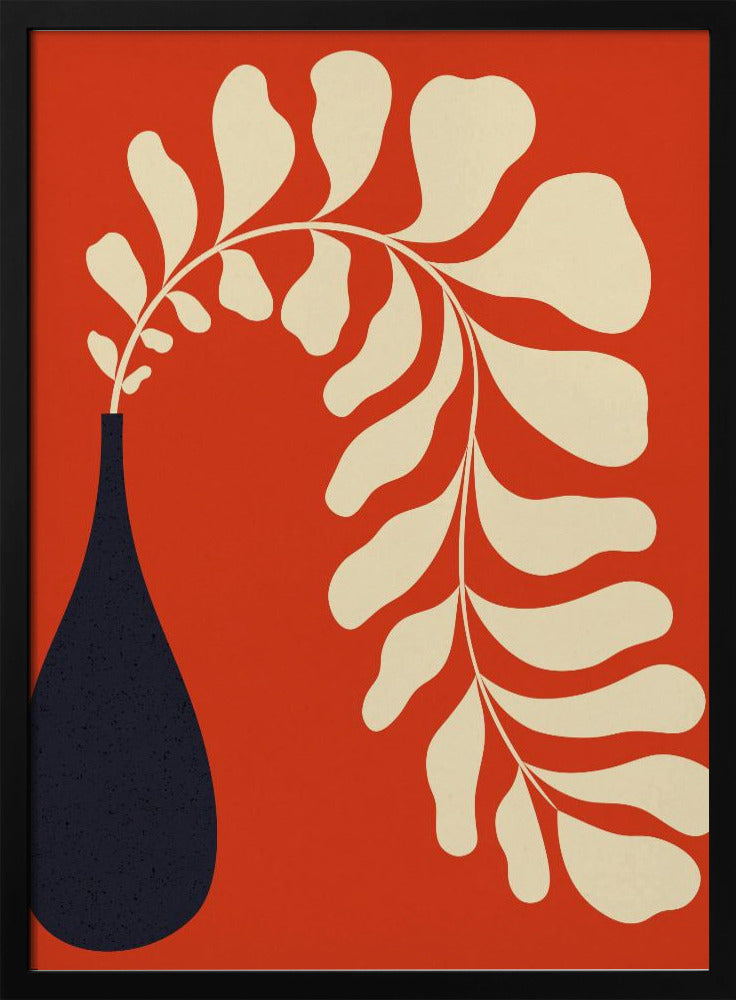 A minimalist graphic art print featuring a stylized cream-colored plant stem with large, rounded leaves, arching elegantly out of a dark navy blue teardrop-shaped vase, all set against a vibrant burnt orange background. Decor