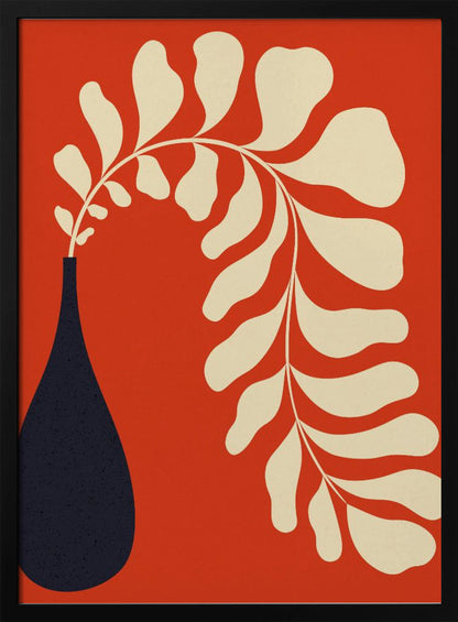 A minimalist graphic art print featuring a stylized cream-colored plant stem with large, rounded leaves, arching elegantly out of a dark navy blue teardrop-shaped vase, all set against a vibrant burnt orange background. Decor