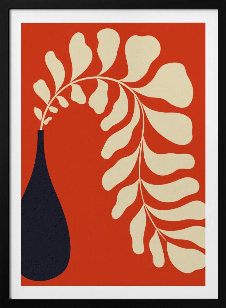 A minimalist graphic art print featuring a stylized cream-colored plant stem with large, rounded leaves, arching elegantly out of a dark navy blue teardrop-shaped vase, all set against a vibrant burnt orange background. Decor