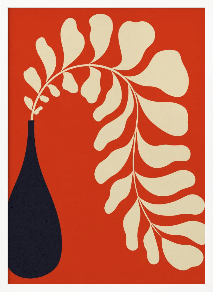 A minimalist graphic art print featuring a stylized cream-colored plant stem with large, rounded leaves, arching elegantly out of a dark navy blue teardrop-shaped vase, all set against a vibrant burnt orange background. Decor