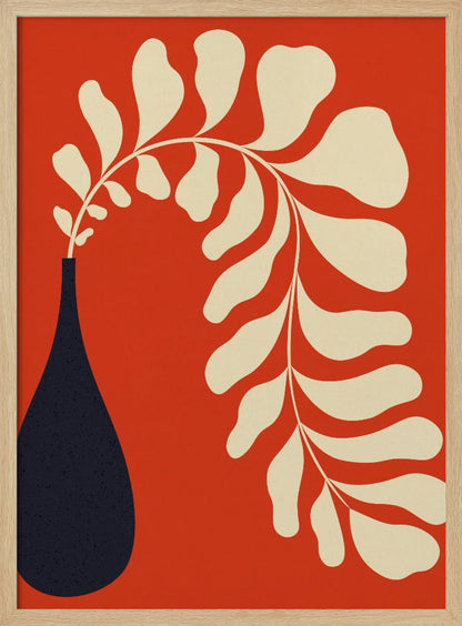 A minimalist graphic art print featuring a stylized cream-colored plant stem with large, rounded leaves, arching elegantly out of a dark navy blue teardrop-shaped vase, all set against a vibrant burnt orange background. Decor