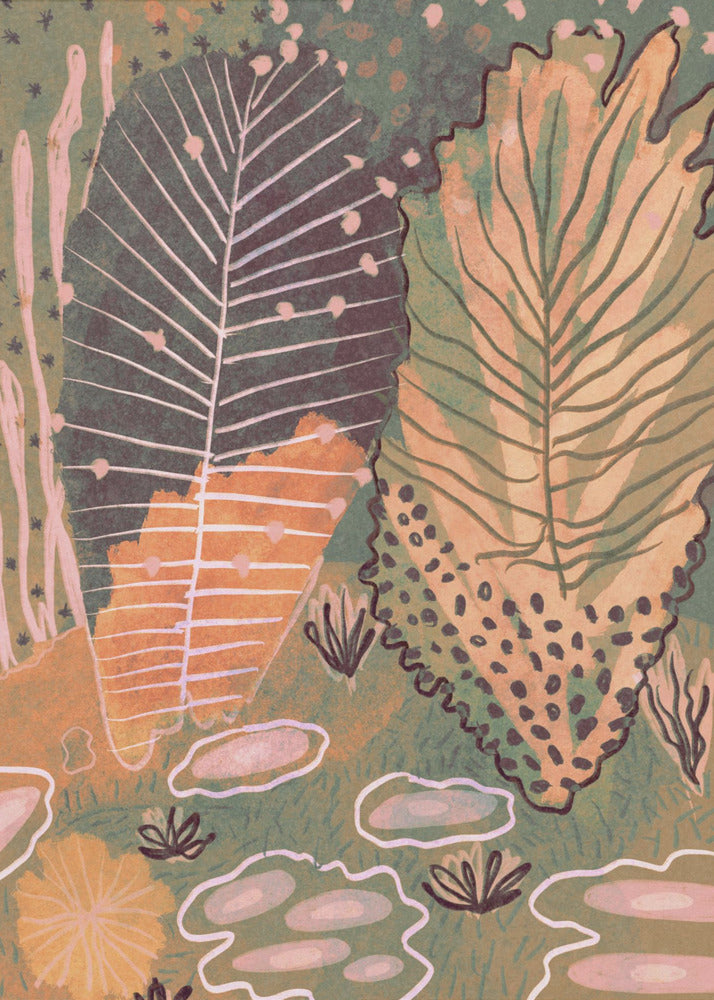 An abstract, vertical illustration of a botanical scene featuring two large, stylized leaves at the center. One leaf is dark green with white veins, while the other is a mix of yellow and light green. The background is a textured, darker green filled with various smaller, abstract plant forms in shades of pink, orange, and dark brown, all enclosed in a thin black frame. Poster