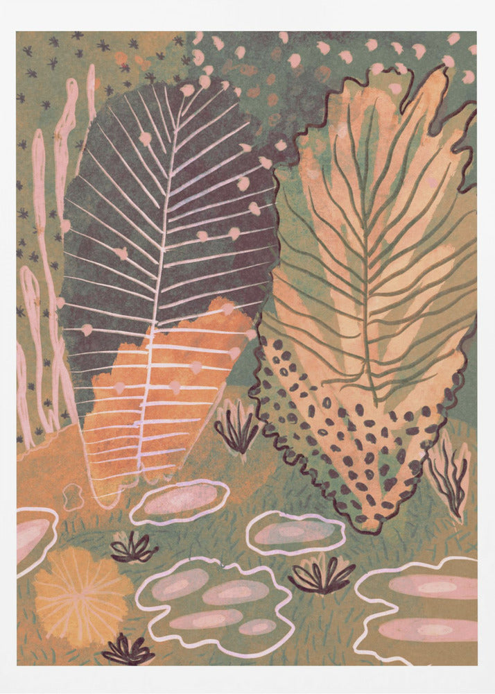 An abstract, vertical illustration of a botanical scene featuring two large, stylized leaves at the center. One leaf is dark green with white veins, while the other is a mix of yellow and light green. The background is a textured, darker green filled with various smaller, abstract plant forms in shades of pink, orange, and dark brown, all enclosed in a thin black frame. Poster