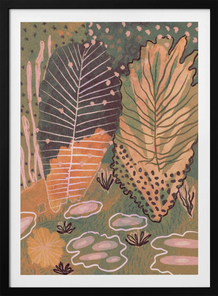 An abstract, vertical illustration of a botanical scene featuring two large, stylized leaves at the center. One leaf is dark green with white veins, while the other is a mix of yellow and light green. The background is a textured, darker green filled with various smaller, abstract plant forms in shades of pink, orange, and dark brown, all enclosed in a thin black frame. Poster