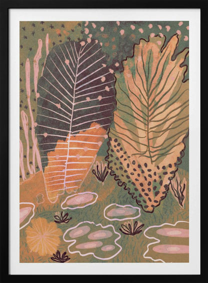 An abstract, vertical illustration of a botanical scene featuring two large, stylized leaves at the center. One leaf is dark green with white veins, while the other is a mix of yellow and light green. The background is a textured, darker green filled with various smaller, abstract plant forms in shades of pink, orange, and dark brown, all enclosed in a thin black frame. Poster