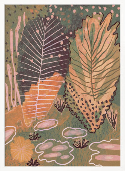 An abstract, vertical illustration of a botanical scene featuring two large, stylized leaves at the center. One leaf is dark green with white veins, while the other is a mix of yellow and light green. The background is a textured, darker green filled with various smaller, abstract plant forms in shades of pink, orange, and dark brown, all enclosed in a thin black frame. Poster