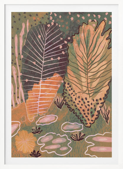 An abstract, vertical illustration of a botanical scene featuring two large, stylized leaves at the center. One leaf is dark green with white veins, while the other is a mix of yellow and light green. The background is a textured, darker green filled with various smaller, abstract plant forms in shades of pink, orange, and dark brown, all enclosed in a thin black frame. Poster