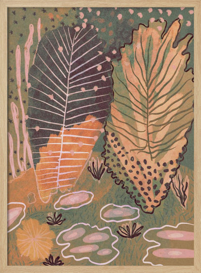 An abstract, vertical illustration of a botanical scene featuring two large, stylized leaves at the center. One leaf is dark green with white veins, while the other is a mix of yellow and light green. The background is a textured, darker green filled with various smaller, abstract plant forms in shades of pink, orange, and dark brown, all enclosed in a thin black frame. Poster