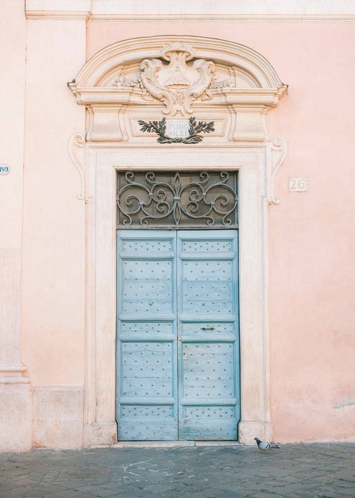 A light blue, studded double door set into a pale pink wall. The doorway is framed in white stone with an ornate pediment and a decorative wrought-iron transom window above the door. A single pigeon stands on the cobblestone pavement in front. Print