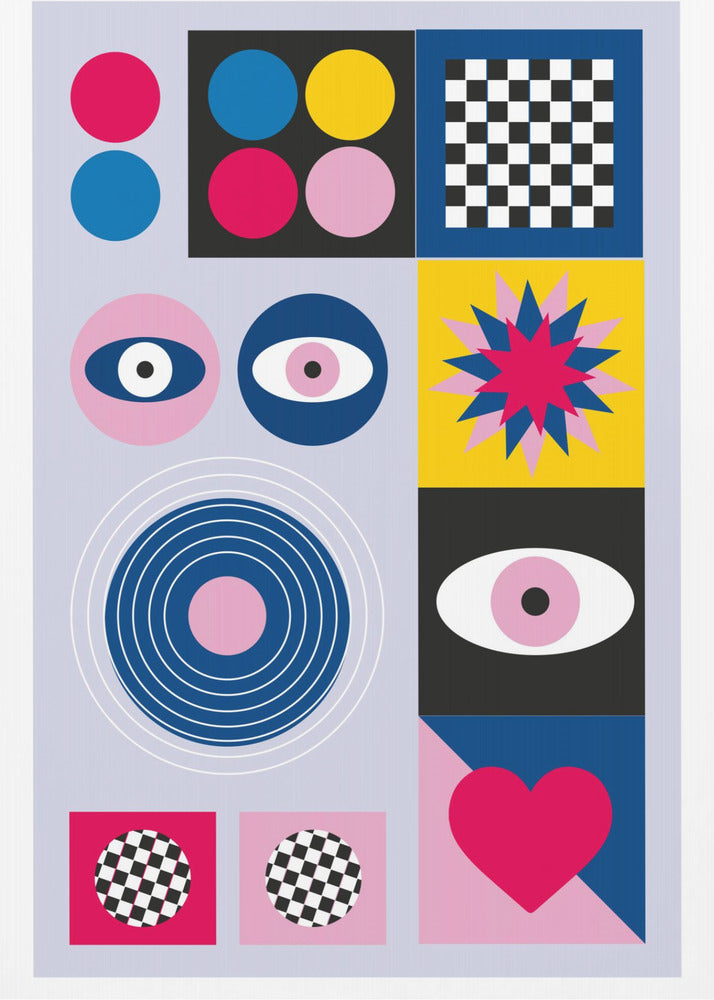 A modern abstract art print in a black frame, featuring a grid of colorful geometric shapes and symbols on a light blue background. The composition includes pink, blue, and yellow circles, a black and white checkerboard pattern, stylized eyes, concentric rings, a starburst, and a large pink heart. Wall Art