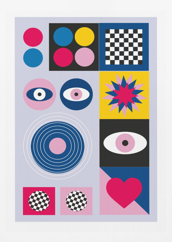 A modern abstract art print in a black frame, featuring a grid of colorful geometric shapes and symbols on a light blue background. The composition includes pink, blue, and yellow circles, a black and white checkerboard pattern, stylized eyes, concentric rings, a starburst, and a large pink heart. Wall Art