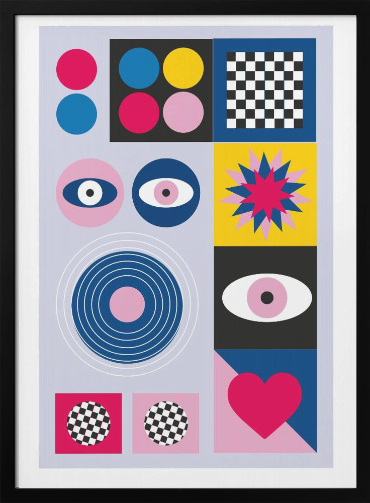 A modern abstract art print in a black frame, featuring a grid of colorful geometric shapes and symbols on a light blue background. The composition includes pink, blue, and yellow circles, a black and white checkerboard pattern, stylized eyes, concentric rings, a starburst, and a large pink heart. Wall Art
