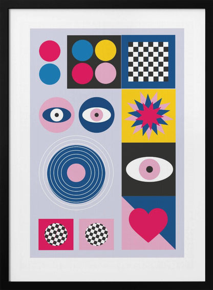 A modern abstract art print in a black frame, featuring a grid of colorful geometric shapes and symbols on a light blue background. The composition includes pink, blue, and yellow circles, a black and white checkerboard pattern, stylized eyes, concentric rings, a starburst, and a large pink heart. Wall Art