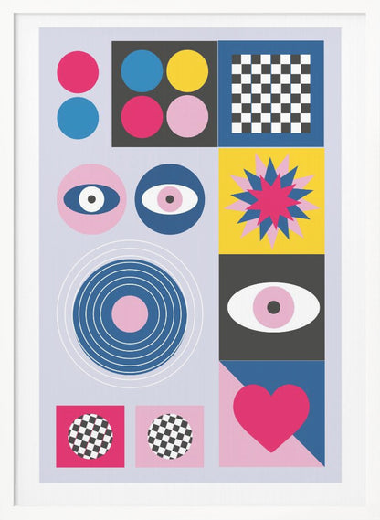 A modern abstract art print in a black frame, featuring a grid of colorful geometric shapes and symbols on a light blue background. The composition includes pink, blue, and yellow circles, a black and white checkerboard pattern, stylized eyes, concentric rings, a starburst, and a large pink heart. Wall Art