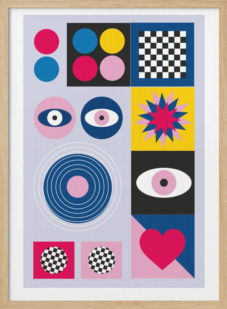 A modern abstract art print in a black frame, featuring a grid of colorful geometric shapes and symbols on a light blue background. The composition includes pink, blue, and yellow circles, a black and white checkerboard pattern, stylized eyes, concentric rings, a starburst, and a large pink heart. Wall Art