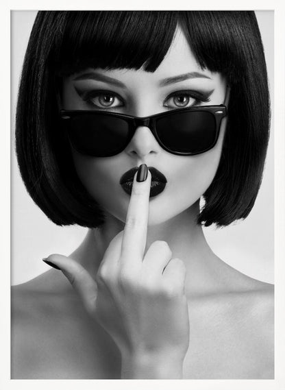 A striking black and white portrait of a woman with a sharp bob haircut, sunglasses, and bold makeup. She holds one finger with a black-painted nail up to her dark lips, making a 'shushing' gesture. Poster