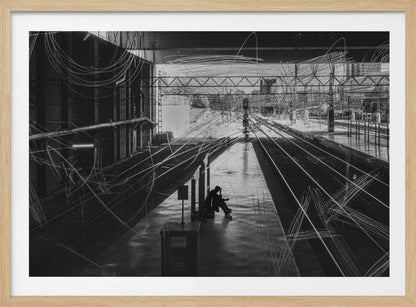 A framed, high-contrast black and white photograph of a person sitting alone on a deserted train platform, with tracks stretching into the distance. The entire scene is overlaid with frenetic white scribbles, creating an abstract and moody effect. Artwork