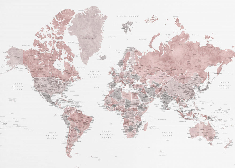 A framed world map with continents depicted in a watercolor style using shades of dusty rose pink and grey. The oceans are white, and the entire map is detailed with black text for country and city names, enclosed in a light grey frame. Poster