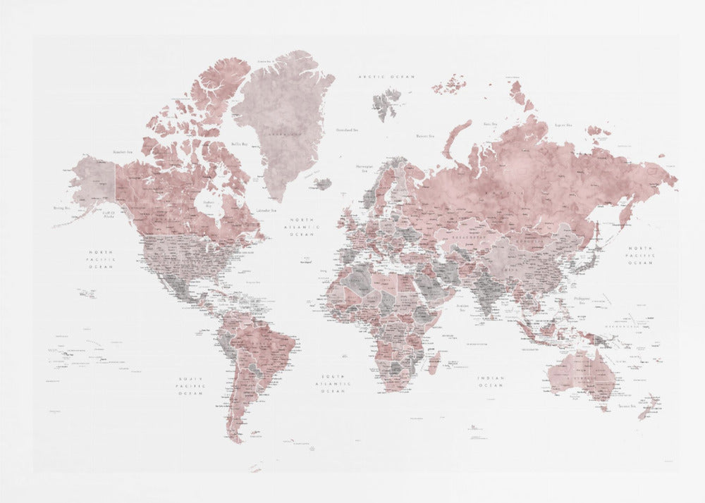 A framed world map with continents depicted in a watercolor style using shades of dusty rose pink and grey. The oceans are white, and the entire map is detailed with black text for country and city names, enclosed in a light grey frame. Poster