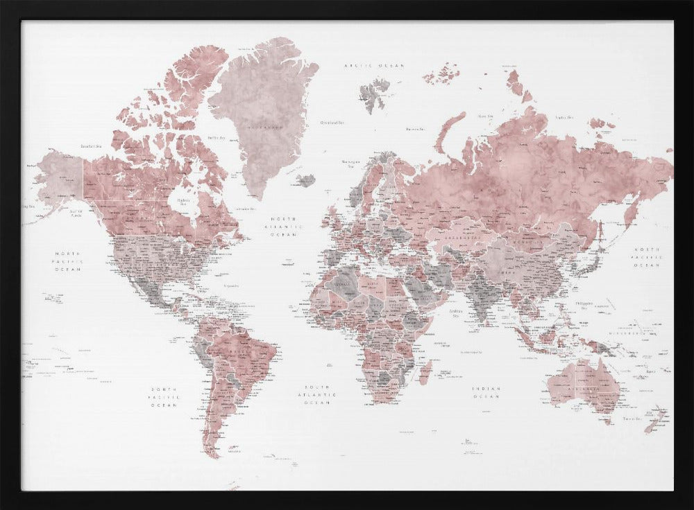 A framed world map with continents depicted in a watercolor style using shades of dusty rose pink and grey. The oceans are white, and the entire map is detailed with black text for country and city names, enclosed in a light grey frame. Poster