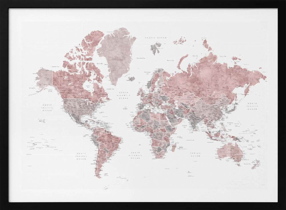A framed world map with continents depicted in a watercolor style using shades of dusty rose pink and grey. The oceans are white, and the entire map is detailed with black text for country and city names, enclosed in a light grey frame. Poster