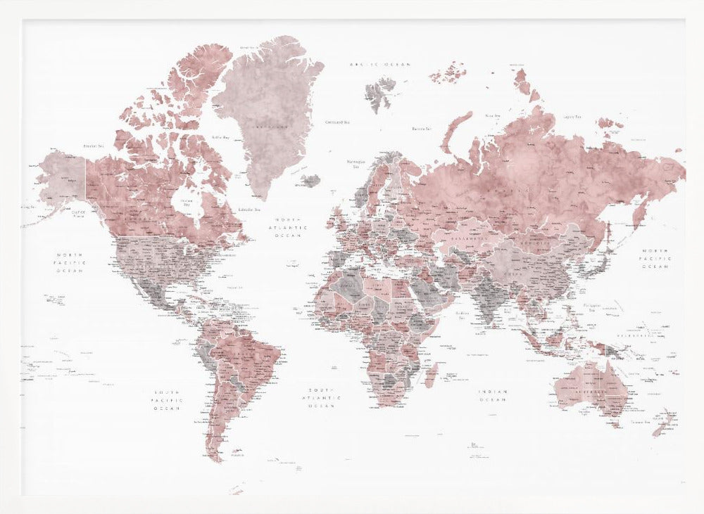 A framed world map with continents depicted in a watercolor style using shades of dusty rose pink and grey. The oceans are white, and the entire map is detailed with black text for country and city names, enclosed in a light grey frame. Poster