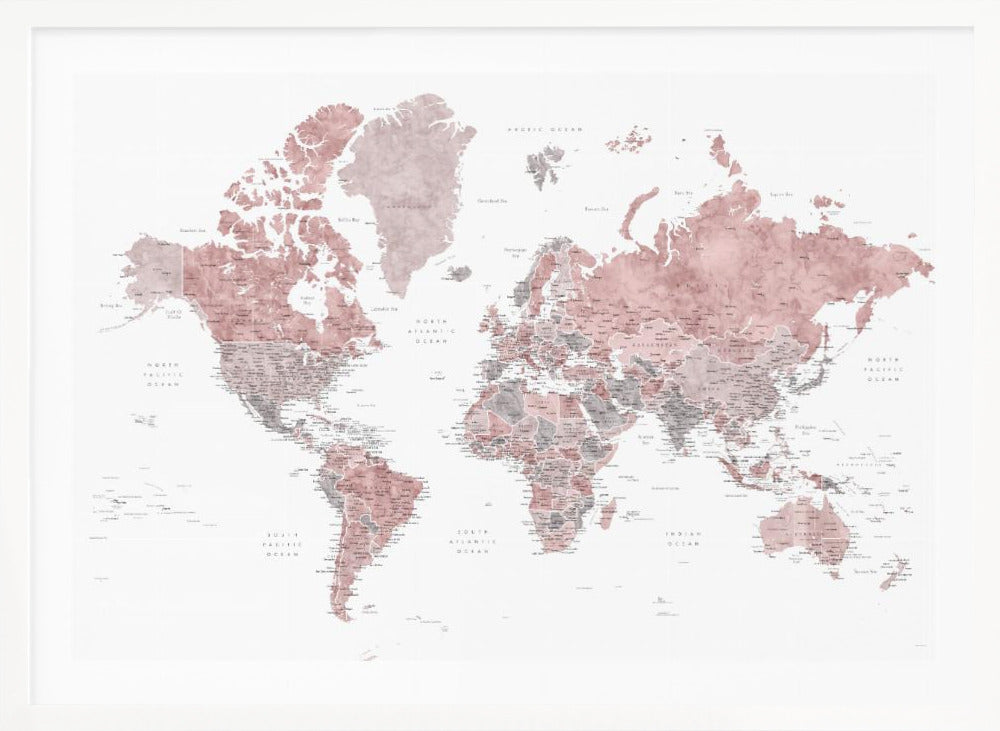 A framed world map with continents depicted in a watercolor style using shades of dusty rose pink and grey. The oceans are white, and the entire map is detailed with black text for country and city names, enclosed in a light grey frame. Poster