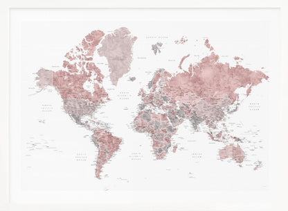 A framed world map with continents depicted in a watercolor style using shades of dusty rose pink and grey. The oceans are white, and the entire map is detailed with black text for country and city names, enclosed in a light grey frame. Poster