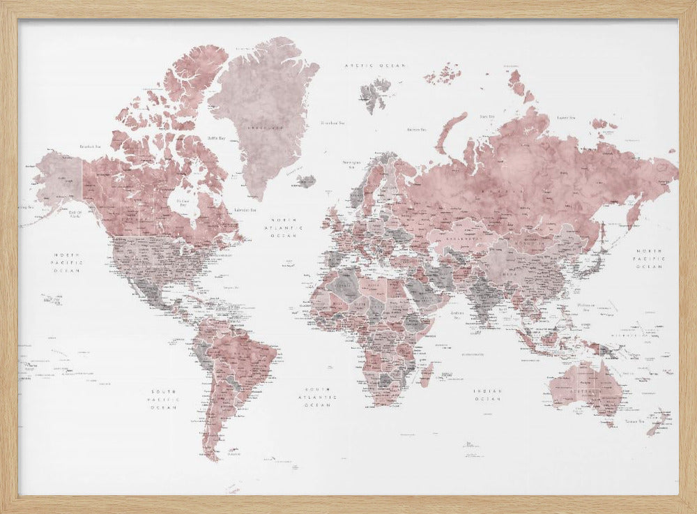 A framed world map with continents depicted in a watercolor style using shades of dusty rose pink and grey. The oceans are white, and the entire map is detailed with black text for country and city names, enclosed in a light grey frame. Poster