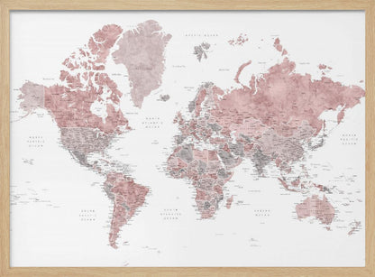 A framed world map with continents depicted in a watercolor style using shades of dusty rose pink and grey. The oceans are white, and the entire map is detailed with black text for country and city names, enclosed in a light grey frame. Poster