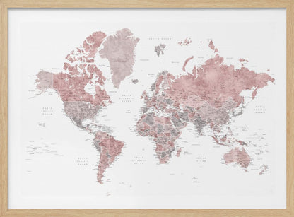 A framed world map with continents depicted in a watercolor style using shades of dusty rose pink and grey. The oceans are white, and the entire map is detailed with black text for country and city names, enclosed in a light grey frame. Poster