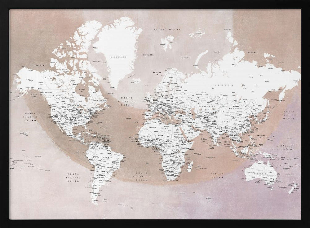 A modern world map in a silver frame, featuring white continents and dusty pink oceans. The map is detailed with black typography for countries, cities, and oceans. Print