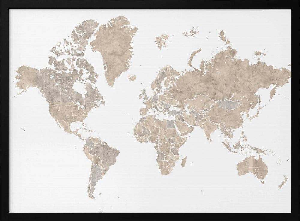 A detailed world map poster, 'Abey världskarta', depicting continents, oceans, and country borders. Artwork